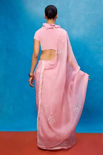 Shop_Ekaya Banaras_Pink Handwoven Kora Banarasi Saree With Running Blouse _at_Aza_Fashions