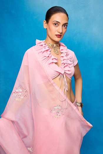 Ekaya Banaras_Pink Handwoven Kora Banarasi Saree With Running Blouse _Online_at_Aza_Fashions