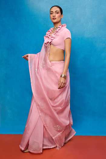 Buy_Ekaya Banaras_Pink Handwoven Kora Banarasi Saree With Running Blouse _Online_at_Aza_Fashions