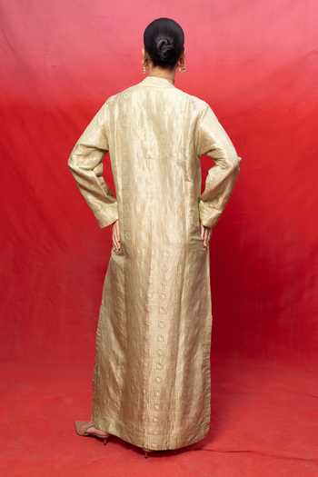 Shop_Ekaya Banaras_Green Silk Handwoven Pistachio Embossed Kaftan _at_Aza_Fashions