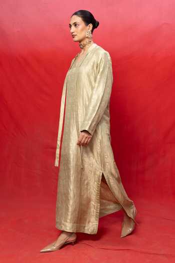 Ekaya Banaras_Green Silk Handwoven Pistachio Embossed Kaftan _Online_at_Aza_Fashions