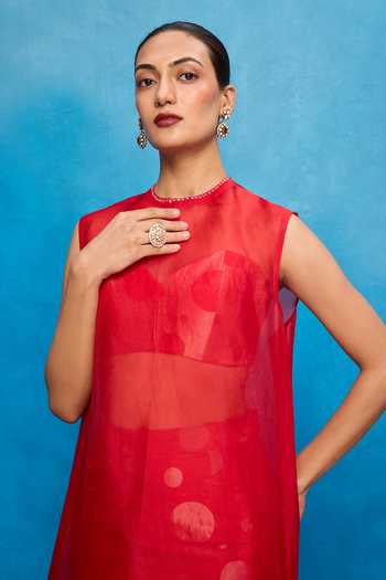 Buy_Ekaya Banaras_Red Silk Round , Yes, Sweetheart Handwoven Banarasi Kurta And Pant Set _Online_at_Aza_Fashions