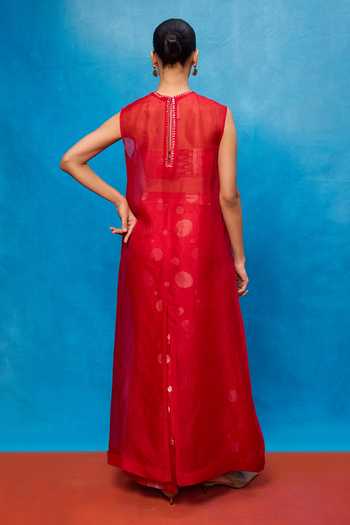 Shop_Ekaya Banaras_Red Silk Round , Yes, Sweetheart Handwoven Banarasi Kurta And Pant Set _at_Aza_Fashions