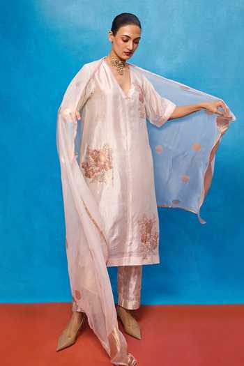 Ekaya Banaras_Off White Silk V-neck, Yes Handwoven Banarasi Kurta Set _Online_at_Aza_Fashions