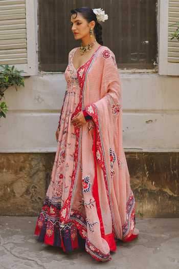 Aditi Gupta_Pink Georgette, Organza V-neck Floral Print Anarkali With Dupatta _Online_at_Aza_Fashions