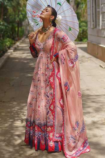 Shop_Aditi Gupta_Pink Georgette, Organza V-neck Floral Print Anarkali With Dupatta _Online_at_Aza_Fashions