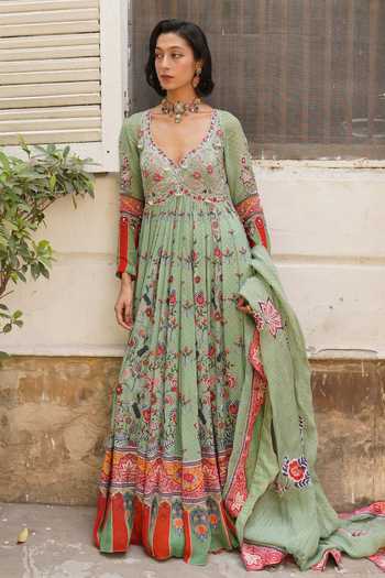 Buy_Aditi Gupta_Green Organza, Georgette Scoop Neck Floral Print Anarkali With Dupatta _Online_at_Aza_Fashions