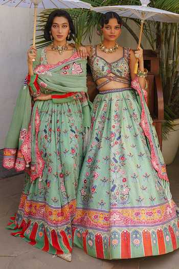 Shop_Aditi Gupta_Green Organza, Georgette Scoop Neck Floral Print Anarkali With Dupatta _Online_at_Aza_Fashions