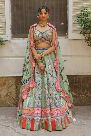 Buy_Aditi Gupta_Green Silk, Organza Sweetheart Neck Floral Print Lehenga Set _at_Aza_Fashions