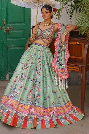 Shop_Aditi Gupta_Green Silk, Organza Sweetheart Neck Floral Print Lehenga Set _Online_at_Aza_Fashions