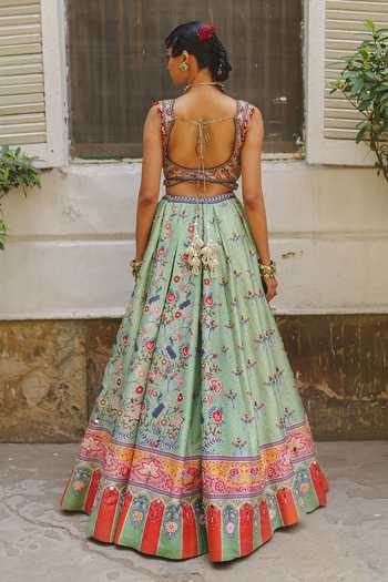 Shop_Aditi Gupta_Green Silk, Organza Sweetheart Neck Floral Print Lehenga Set _at_Aza_Fashions