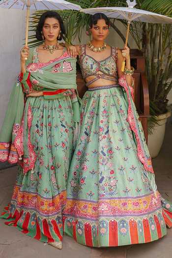 Aditi Gupta_Green Silk, Organza Sweetheart Neck Floral Print Lehenga Set _at_Aza_Fashions
