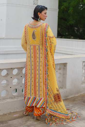 Shop_Aditi Gupta_Yellow Georgette, Organza V-neck Stripe Print Kurta Set  _at_Aza_Fashions