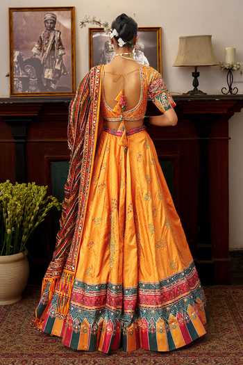 Shop_Aditi Gupta_Mustard Silk, Organza Round Neck Bandhani Print Lehenga Set _at_Aza_Fashions