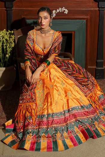 Aditi Gupta_Mustard Silk, Organza Round Neck Bandhani Print Lehenga Set _at_Aza_Fashions