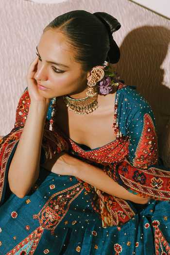 Aditi Gupta_Blue Silk, Organza Sweetheart Neck Paisley Print Lehenga Set _Online_at_Aza_Fashions