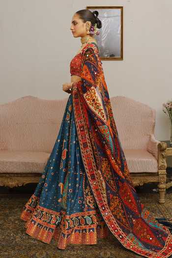 Shop_Aditi Gupta_Blue Silk, Organza Sweetheart Neck Paisley Print Lehenga Set _Online_at_Aza_Fashions