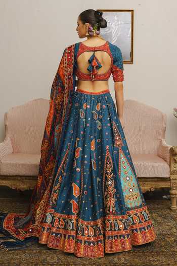 Shop_Aditi Gupta_Blue Silk, Organza Sweetheart Neck Paisley Print Lehenga Set _at_Aza_Fashions