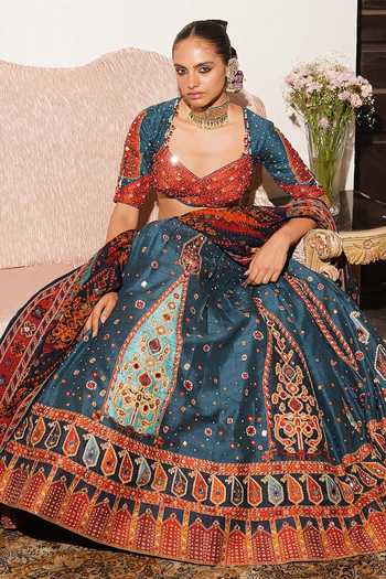 Aditi Gupta_Blue Silk, Organza Sweetheart Neck Paisley Print Lehenga Set _at_Aza_Fashions