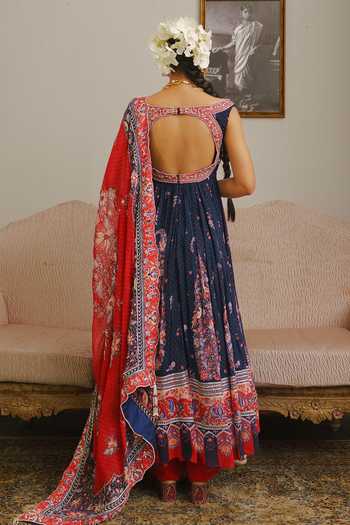 Shop_Aditi Gupta_Navy Georgette, Organza Square Neck Floral Print Anarkali With Dupatta _at_Aza_Fashions