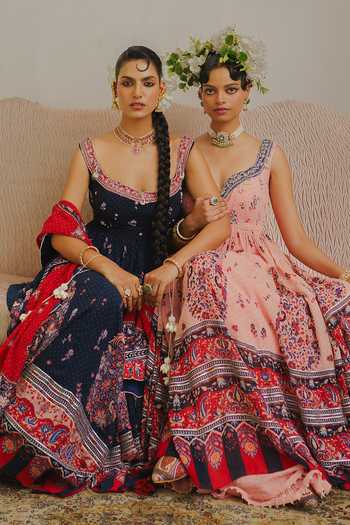 Shop_Aditi Gupta_Navy Georgette, Organza Square Neck Floral Print Anarkali With Dupatta _Online_at_Aza_Fashions