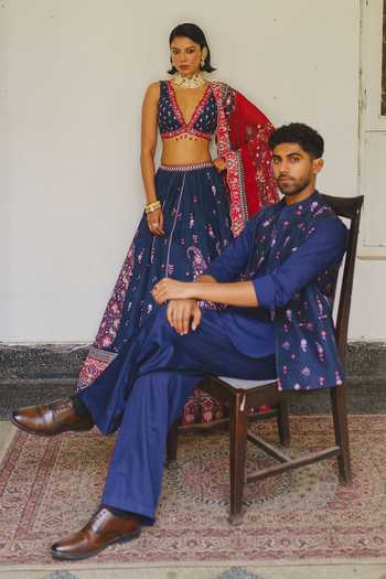 Aditi Gupta_Navy Silk, Organza V-neck Paisley Print Lehenga Blouse Set _Online_at_Aza_Fashions