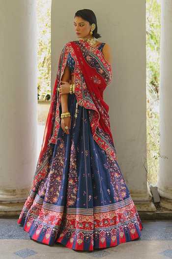 Buy_Aditi Gupta_Navy Silk, Organza V-neck Paisley Print Lehenga Blouse Set _Online_at_Aza_Fashions