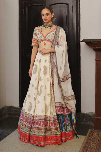 Buy_Aditi Gupta_Ivory Silk, Organza V-neck Embroidered Lehenga Set _at_Aza_Fashions