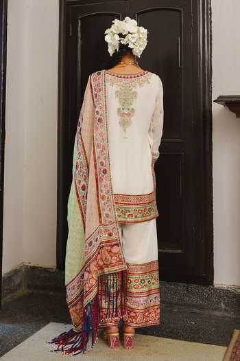 Shop_Aditi Gupta_Ivory Georgette, Organza V-neck, Yes Zardozi Embroidered Kurta Set _at_Aza_Fashions