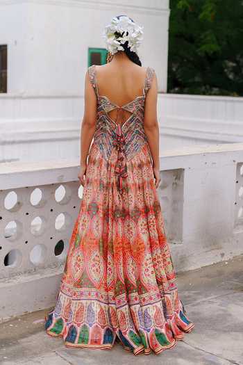 Shop_Aditi Gupta_Green Organza Sequins, Pearls, Mirrors, Tassels Thread Work Corset And Skirt Set _at_Aza_Fashions