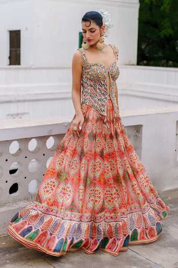 Aditi Gupta_Green Organza Sequins, Pearls, Mirrors, Tassels Thread Work Corset And Skirt Set _Online_at_Aza_Fashions