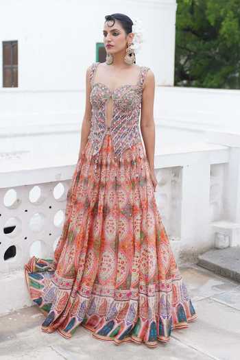 Buy_Aditi Gupta_Green Organza Sequins, Pearls, Mirrors, Tassels Thread Work Corset And Skirt Set _Online_at_Aza_Fashions