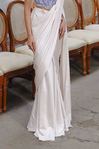 Aditi Gupta_Ivory Satin Pearls Sweetheart Neck Pre-draped Saree With Embroidered Corset _Online_at_Aza_Fashions