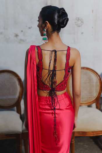 Shop_Aditi Gupta_Red Crepe, Satin Beads, Pearls Pre-draped Saree With Embroidered Corset _at_Aza_Fashions