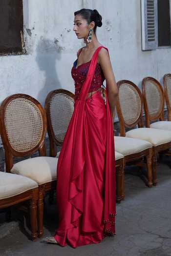Aditi Gupta_Red Crepe, Satin Beads, Pearls Pre-draped Saree With Embroidered Corset _Online_at_Aza_Fashions