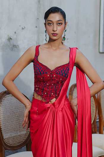 Buy_Aditi Gupta_Red Crepe, Satin Beads, Pearls Pre-draped Saree With Embroidered Corset _Online_at_Aza_Fashions