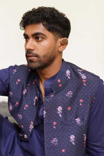 Aditi Gupta_Navy Cotton, Silk, Dupion Floral Print Nehru Jacket And Kurta Set _Online_at_Aza_Fashions