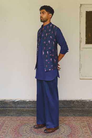 Buy_Aditi Gupta_Navy Cotton, Silk, Dupion Floral Print Nehru Jacket And Kurta Set _Online_at_Aza_Fashions