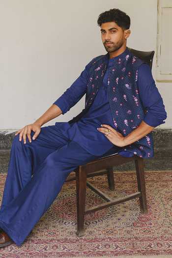 Buy_Aditi Gupta_Navy Cotton, Silk, Dupion Floral Print Nehru Jacket And Kurta Set _at_Aza_Fashions