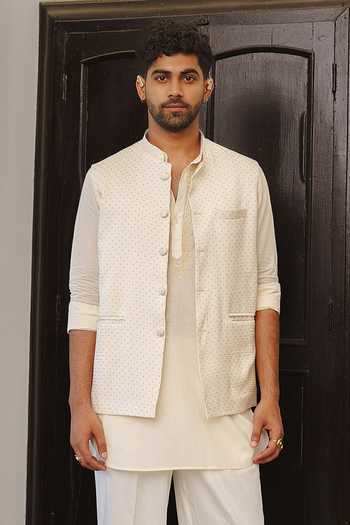Aditi Gupta_Ivory Cotton, Silk, Dupion Printed Nehru Jacket And Kurta Set _Online_at_Aza_Fashions