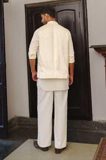 Shop_Aditi Gupta_Ivory Cotton, Silk, Dupion Printed Nehru Jacket And Kurta Set _at_Aza_Fashions