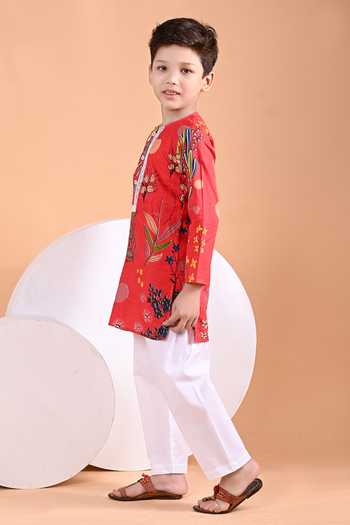 The Cotton Staple_Red Cotton Opal Print Kurta Set _Online_at_Aza_Fashions