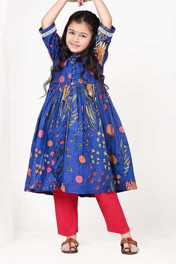 Shop_The Cotton Staple_Blue Cotton Dart Print Kurta Set _Online_at_Aza_Fashions