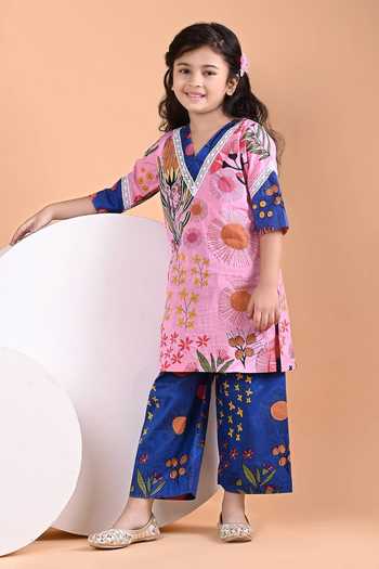 THE COTTON STAPLE_Pink Cotton Flo Print Kurta Set _Online_at_Aza_Fashions