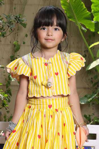 FAYON KIDS_Yellow Cotton Stripe Heart Print Crop Top And Lehenga Set _Online_at_Aza_Fashions