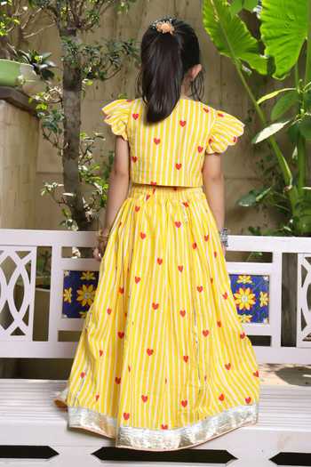 Shop_FAYON KIDS_Yellow Cotton Stripe Heart Print Crop Top And Lehenga Set _at_Aza_Fashions