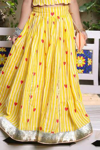 Buy_FAYON KIDS_Yellow Cotton Stripe Heart Print Crop Top And Lehenga Set _Online_at_Aza_Fashions