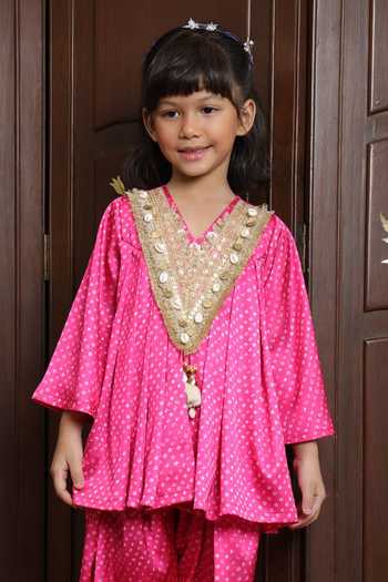 Buy_Fayon Kids_Pink Crepe Bandhej Kurta And Salwar Set _Online_at_Aza_Fashions