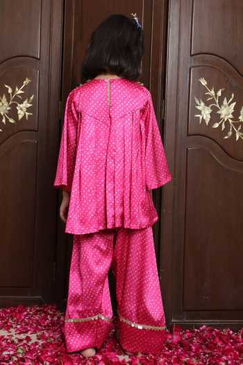 Shop_Fayon Kids_Pink Crepe Bandhej Kurta And Salwar Set _at_Aza_Fashions