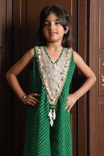 FAYON KIDS_Green Georgette Bandhej Print Jumpsuit _Online_at_Aza_Fashions